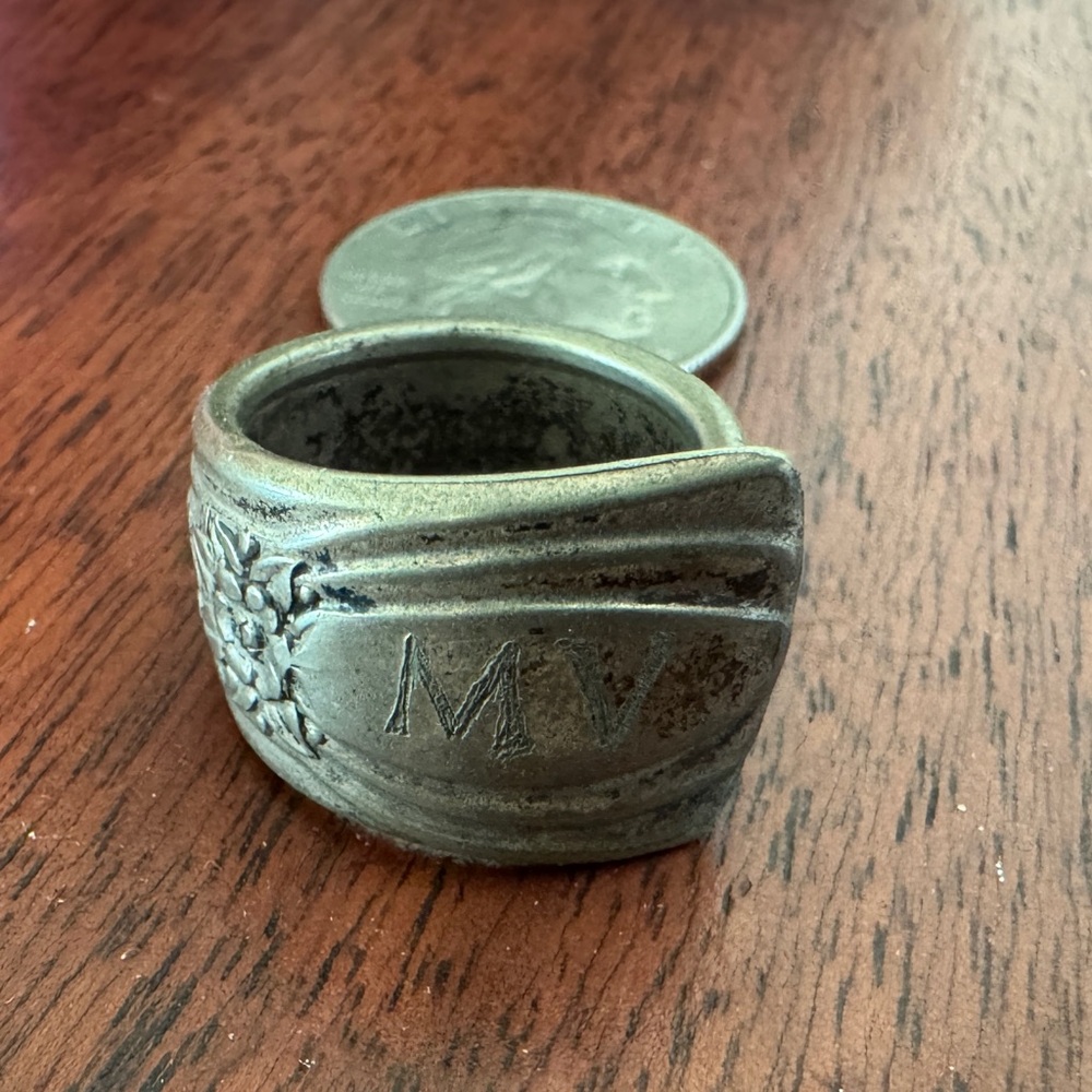 Sterling Silver Spoon Ring- initials “MV”. Adjustable size.